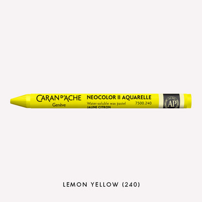 Caran d'Ache Neocolor II Aquarelle water-soluble wax pastel in Lemon Yellow (240) on a white background. 