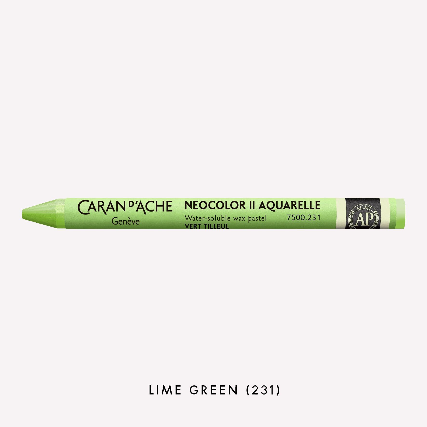 Caran d'Ache Neocolor II Aquarelle water-soluble wax pastel in Lime Green (231) on a white background. 