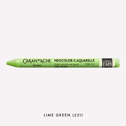 Caran d'Ache Neocolor II Aquarelle water-soluble wax pastel in Lime Green (231) on a white background. 