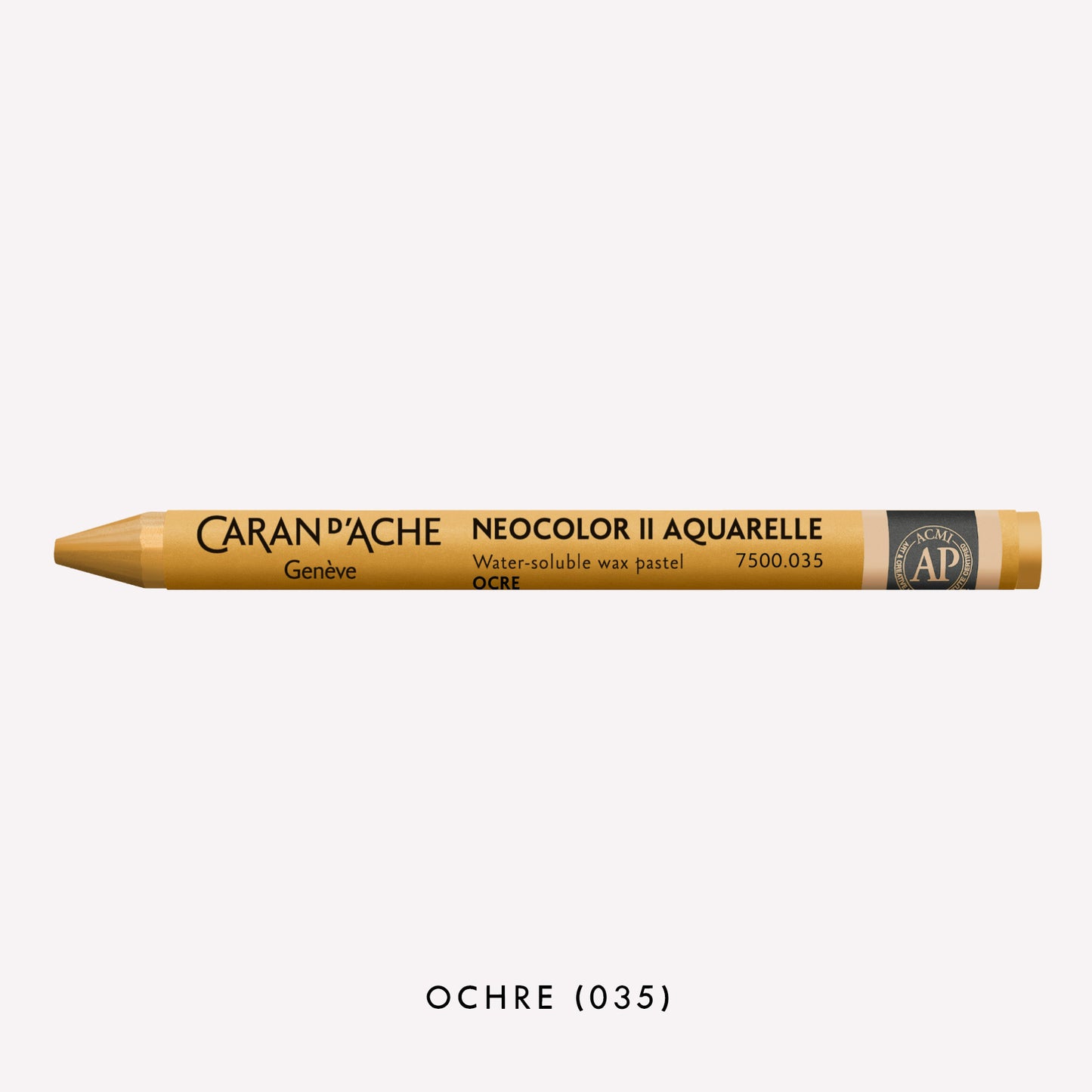 Caran d'Ache Neocolor II Aquarelle water-soluble wax pastel in Ochre (035) on a white background. 