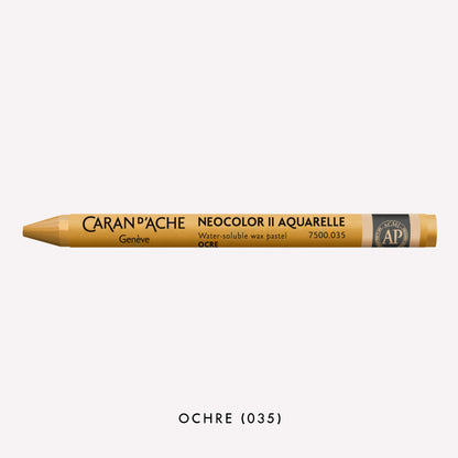 Caran d'Ache Neocolor II Aquarelle water-soluble wax pastel in Ochre (035) on a white background. 