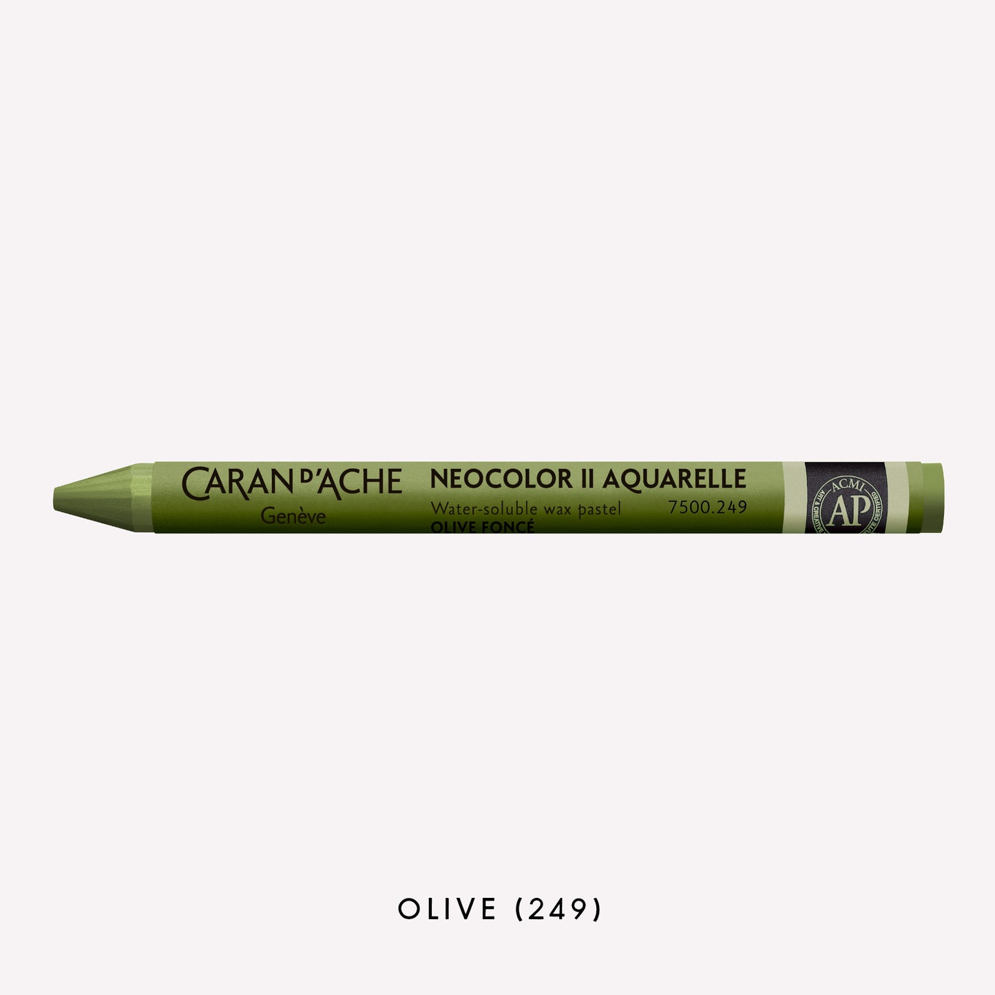 Caran d'Ache Neocolor II Aquarelle water-soluble wax pastel in Olive (249) on a white background. 
