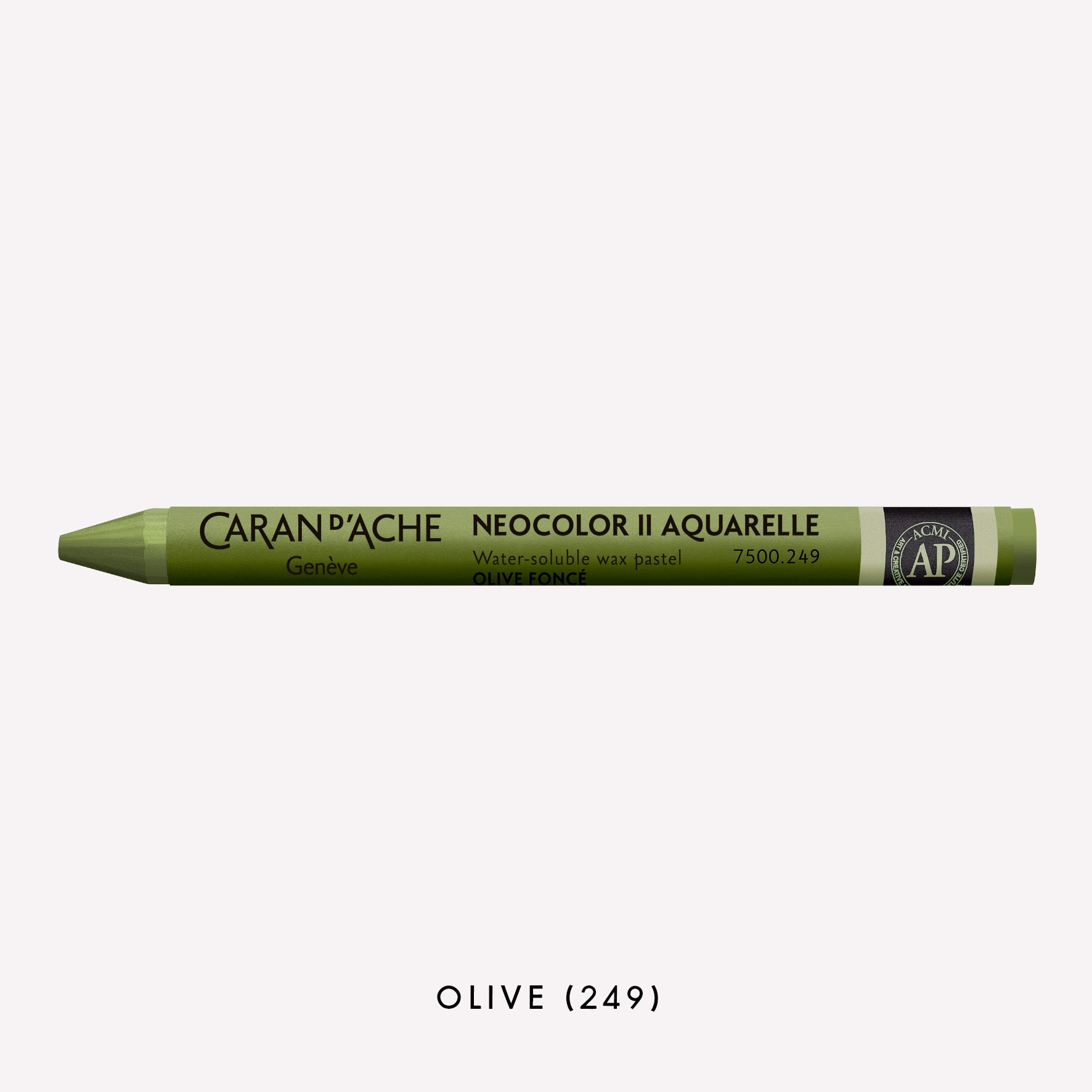 Caran d'Ache Neocolor II Aquarelle water-soluble wax pastel in Olive (249) on a white background. 
