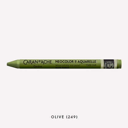 Caran d'Ache Neocolor II Aquarelle water-soluble wax pastel in Olive (249) on a white background. 