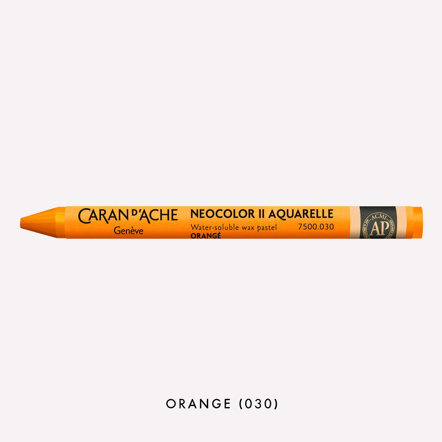 Caran d'Ache Neocolor II Aquarelle water-soluble wax pastel in Orange (030) on a white background. 