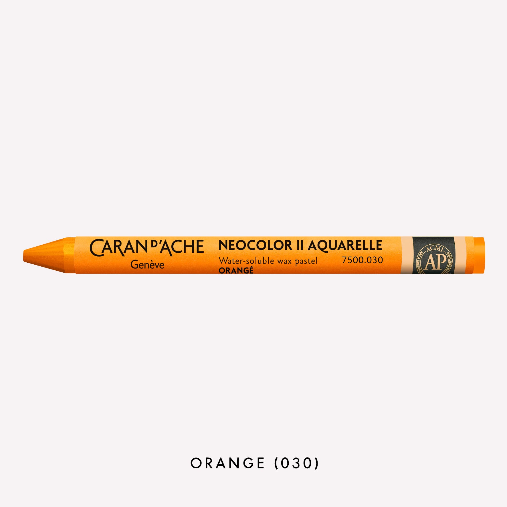 Caran d'Ache Neocolor II Aquarelle water-soluble wax pastel in Orange (030) on a white background. 
