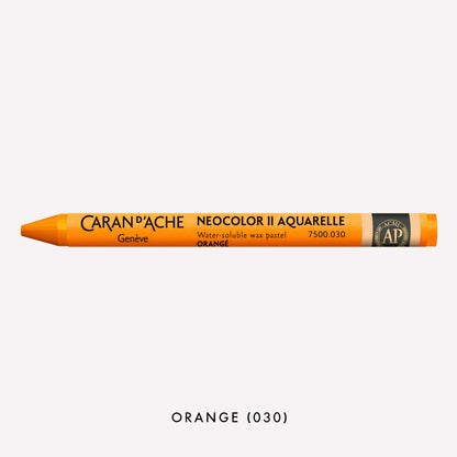 Caran d'Ache Neocolor II Aquarelle water-soluble wax pastel in Orange (030) on a white background. 