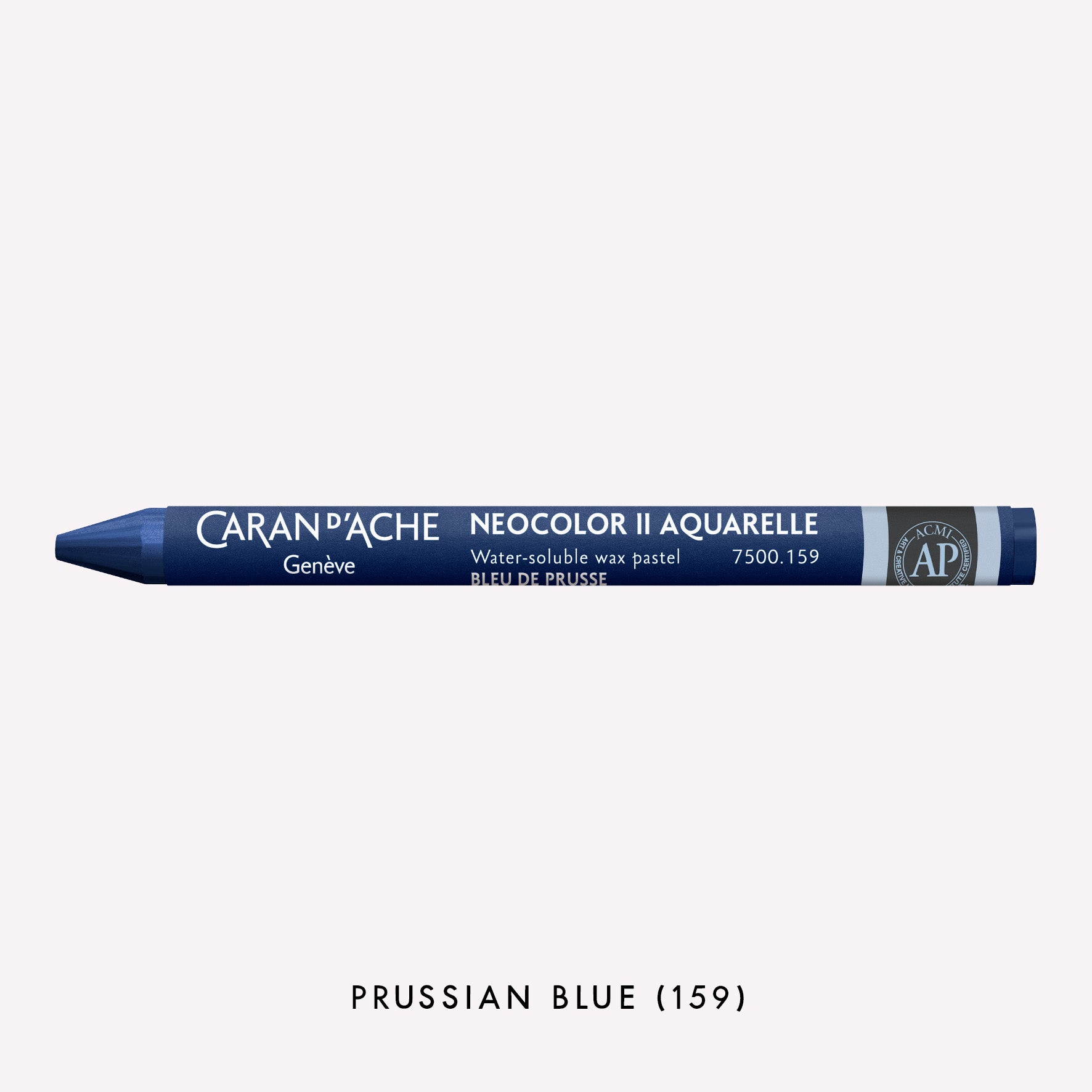 Caran d'Ache Neocolor II Aquarelle water-soluble wax pastel in Prussian Blue (159) on a white background. 