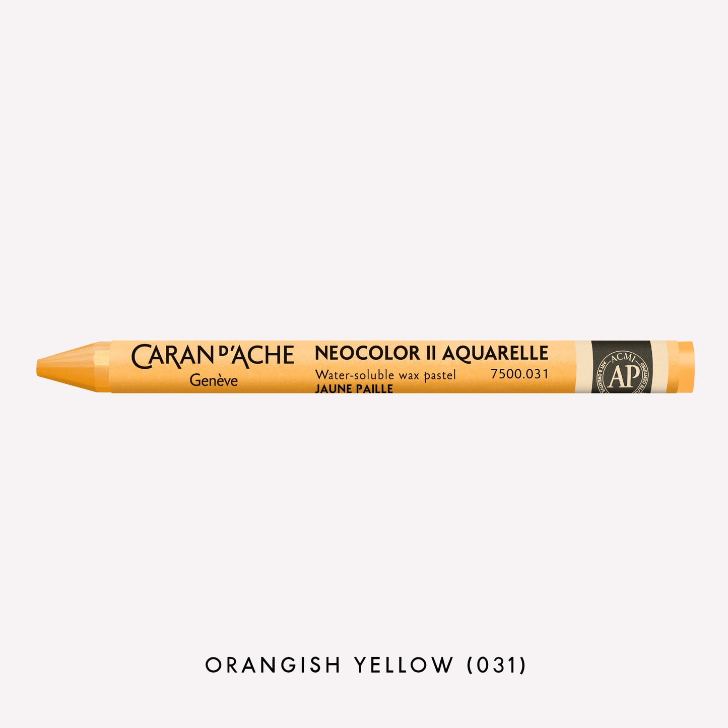 Caran d'Ache Neocolor II Aquarelle water-soluble wax pastel in Orangish Yellow (031) on a white background. 