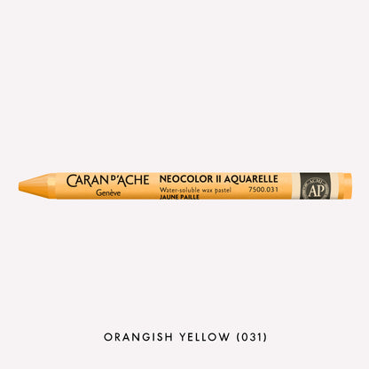 Caran d'Ache Neocolor II Aquarelle water-soluble wax pastel in Orangish Yellow (031) on a white background. 