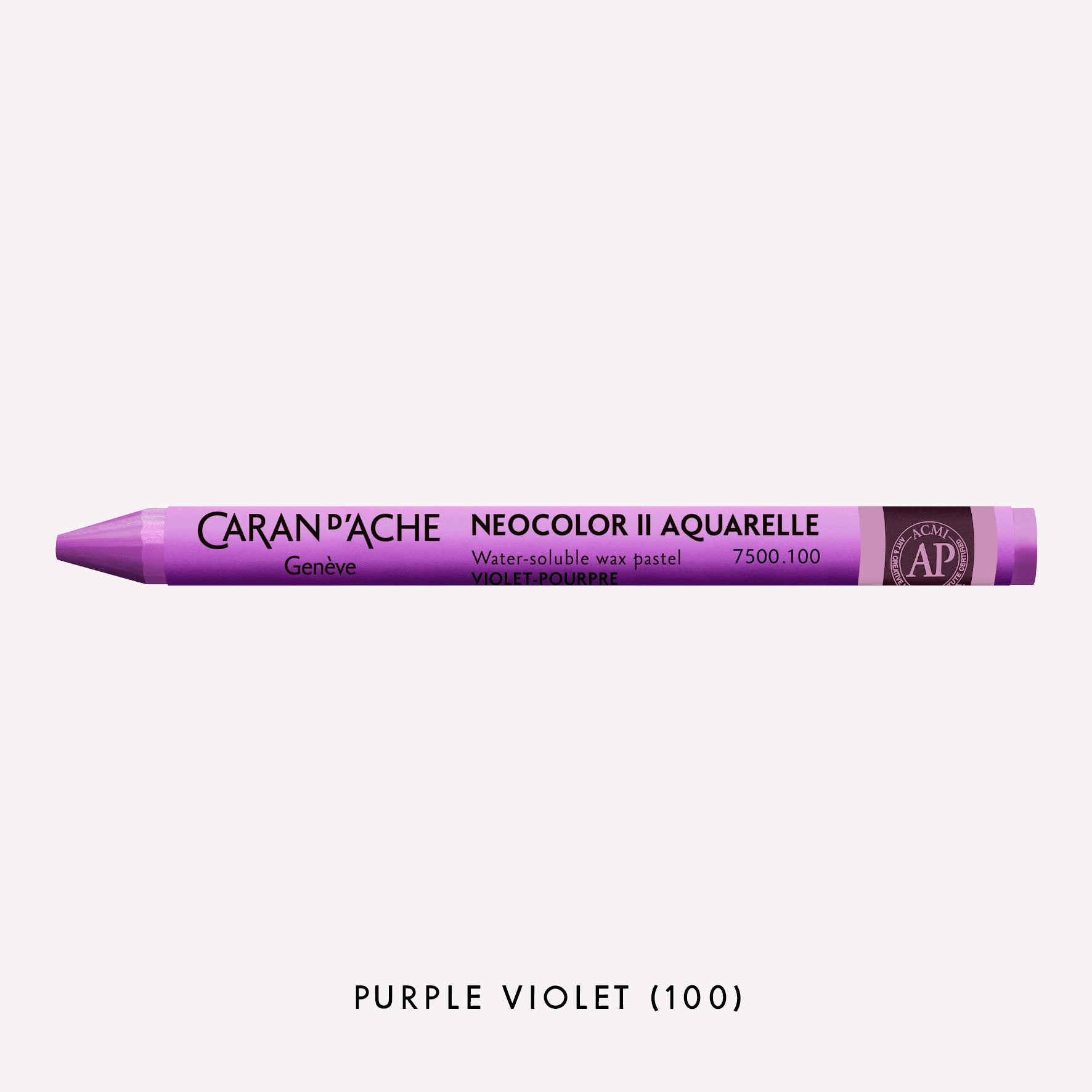 Caran d'Ache Neocolor II Aquarelle water-soluble wax pastel in Purple Violet (100) on a white background. 