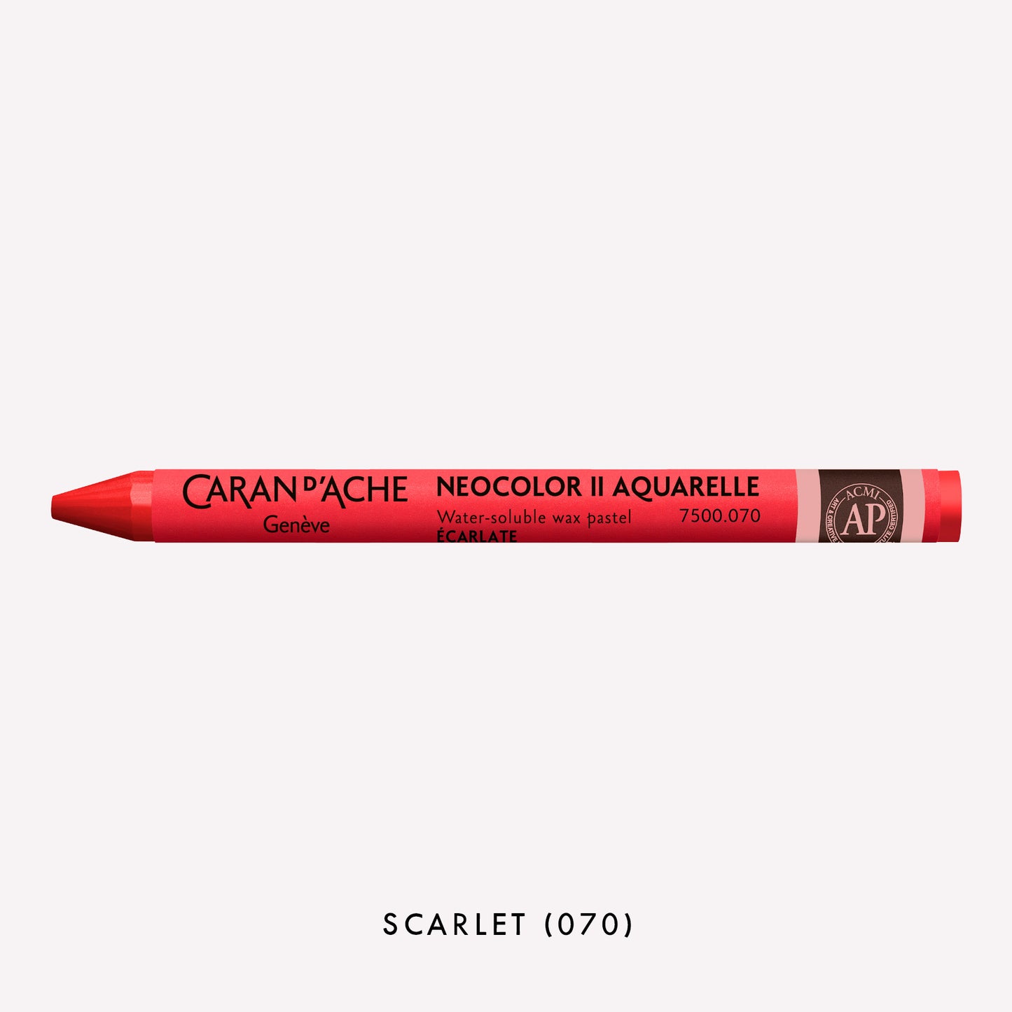 Caran d'Ache Neocolor II Aquarelle water-soluble wax pastel in Scarlet (070) on a white background. 