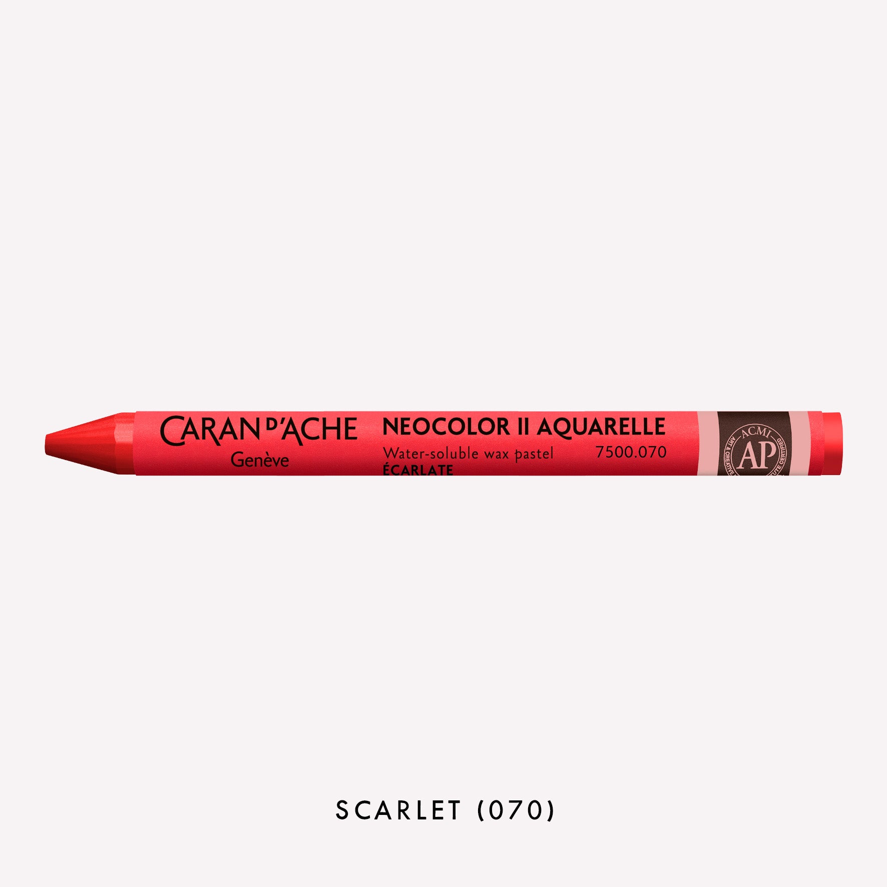Caran d'Ache Neocolor II Aquarelle water-soluble wax pastel in Scarlet (070) on a white background. 