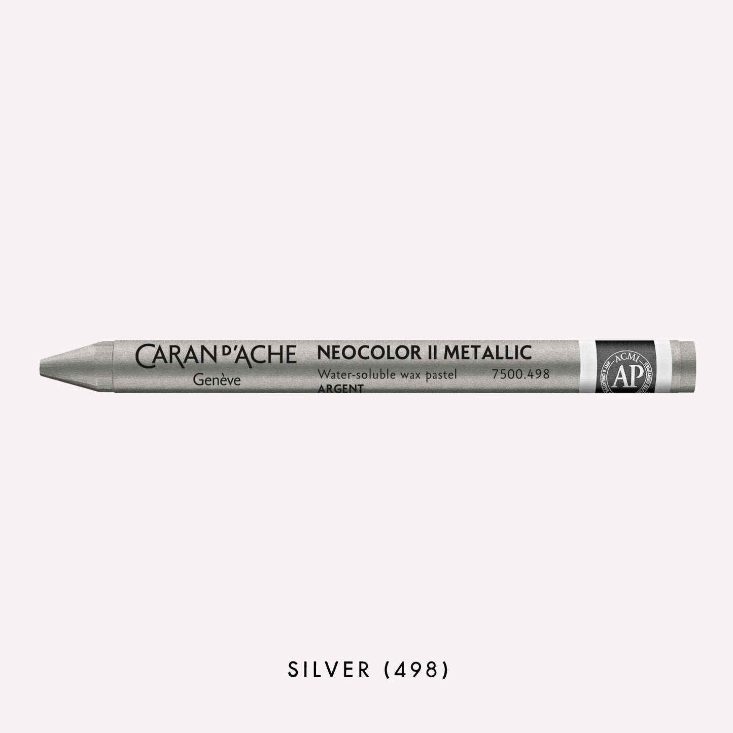 Caran d'Ache Neocolor II Aquarelle water-soluble wax pastel in Metallic Silver (498) on a white background. 