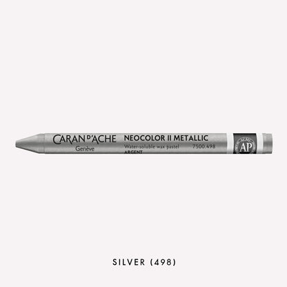 Caran d'Ache Neocolor II Aquarelle water-soluble wax pastel in Metallic Silver (498) on a white background. 