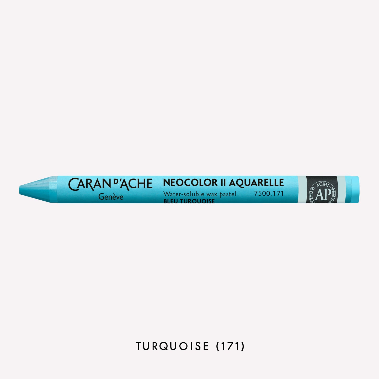 Caran d'Ache Neocolor II Aquarelle water-soluble wax pastel in Turquoise (171) on a white background. 