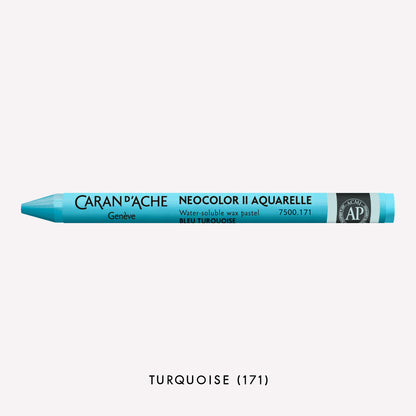 Caran d'Ache Neocolor II Aquarelle water-soluble wax pastel in Turquoise (171) on a white background. 