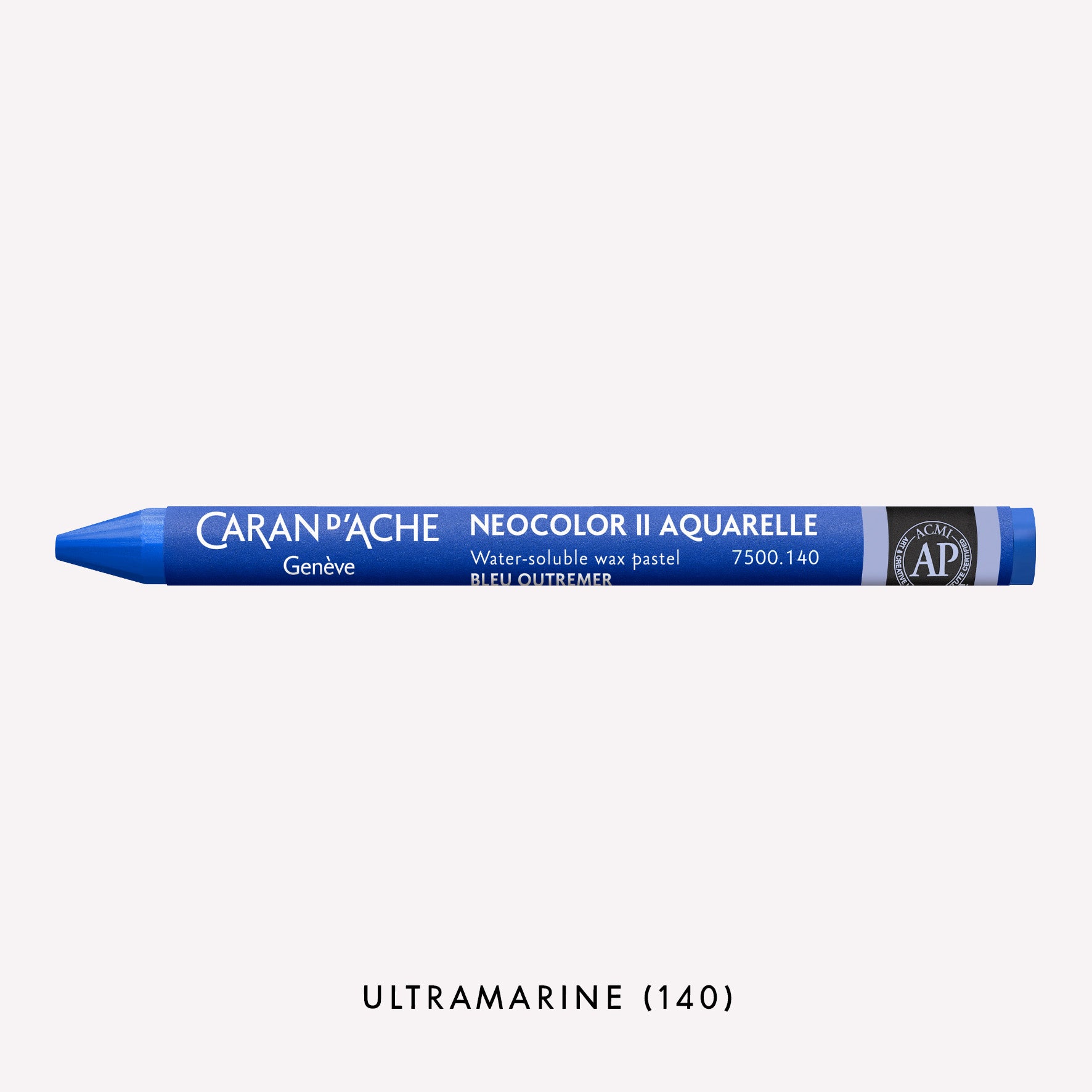 Caran d'Ache Neocolor II Aquarelle water-soluble wax pastel in Ultramarine (140) on a white background. 