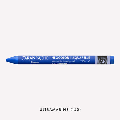 Caran d'Ache Neocolor II Aquarelle water-soluble wax pastel in Ultramarine (140) on a white background. 