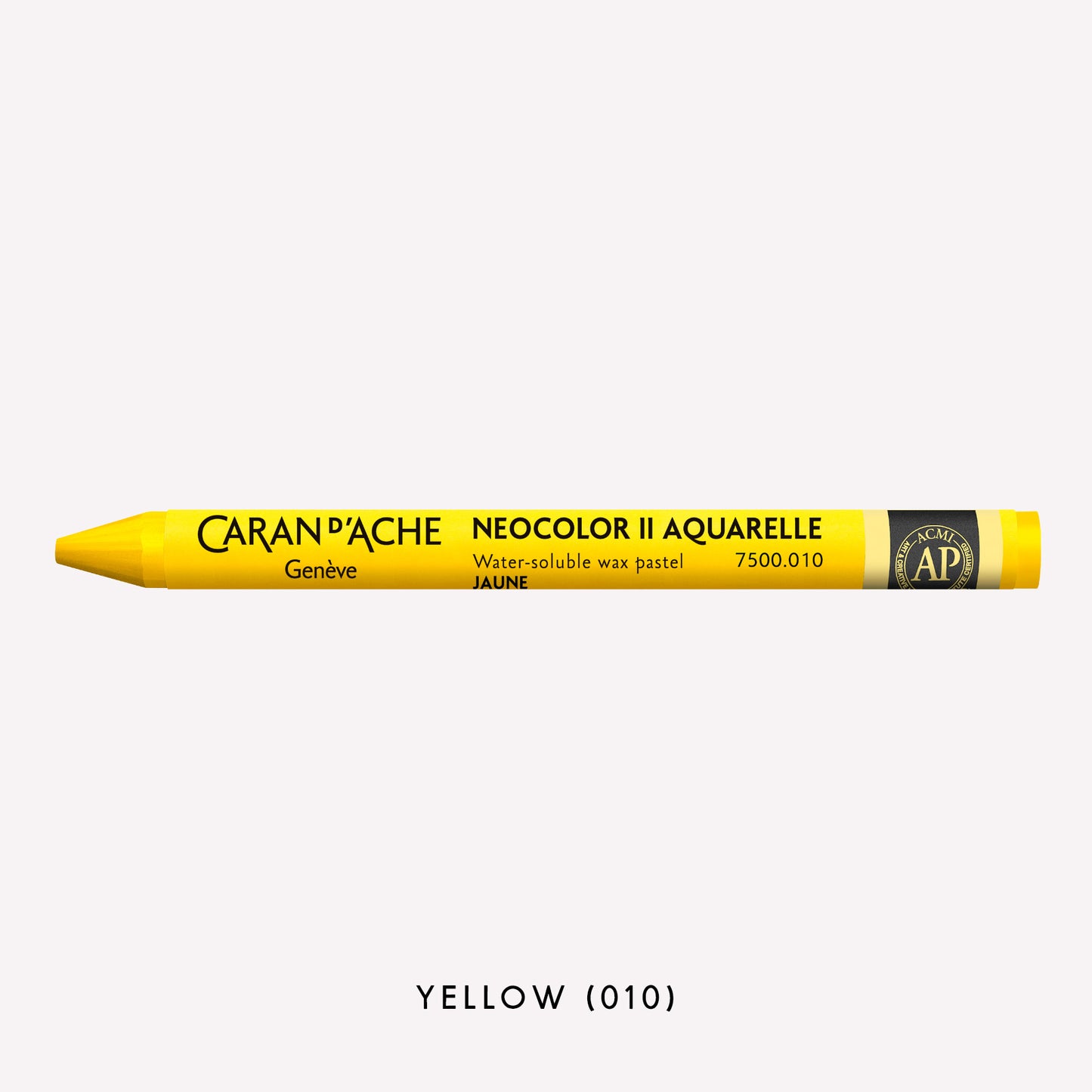 Caran d'Ache Neocolor II Aquarelle water-soluble wax pastel in Yellow (010) on a white background. 