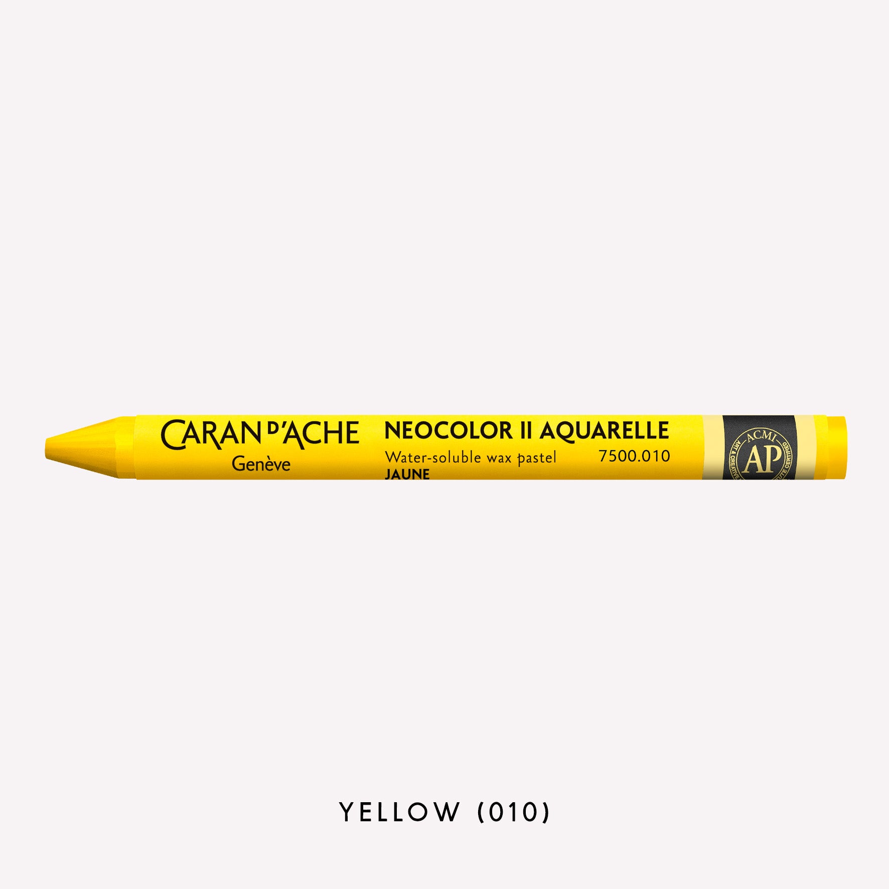 Caran d'Ache Neocolor II Aquarelle water-soluble wax pastel in Yellow (010) on a white background. 