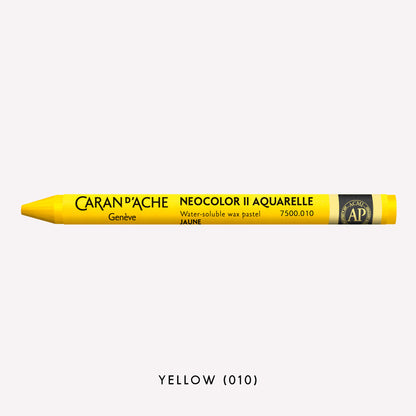 Caran d'Ache Neocolor II Aquarelle water-soluble wax pastel in Yellow (010) on a white background. 