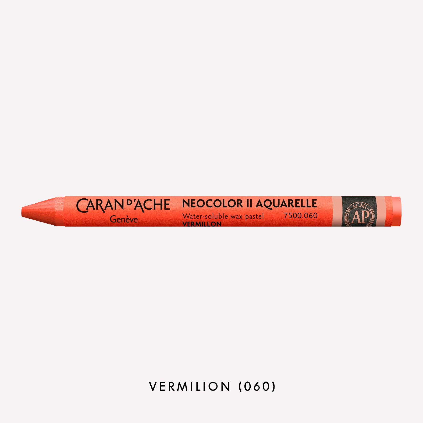 Caran d'Ache Neocolor II Aquarelle water-soluble wax pastel in Vermilion (060) on a white background. 