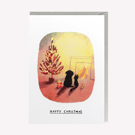 Cosy Fireside Cat & Dog Christmas Greetings Card