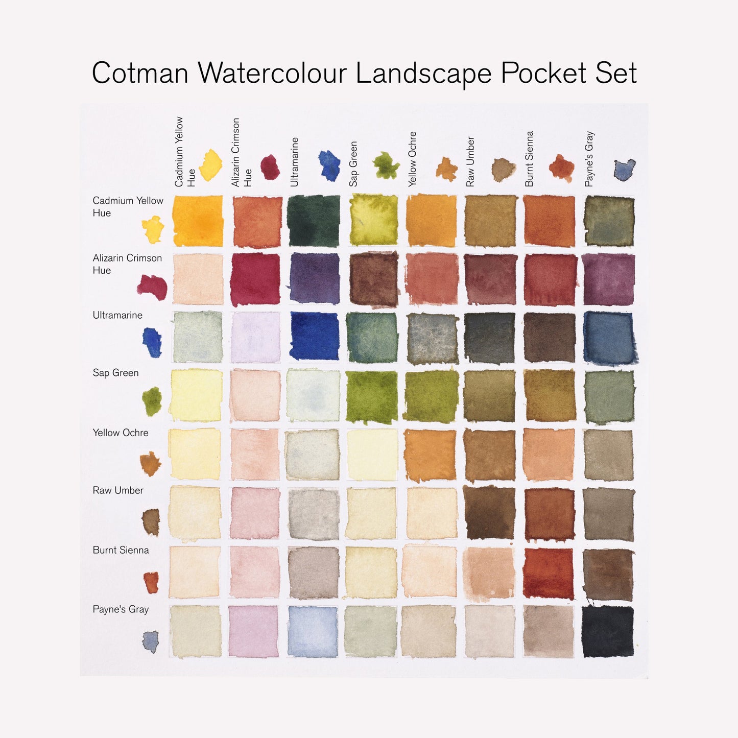 Cotman Watercolour Landscape pocket set colour chart demonstrates the colour spectrum that can be mixed using the 8 available half pans in this set. This palette has been carefully curated for painting landscape and scenery pieces. 