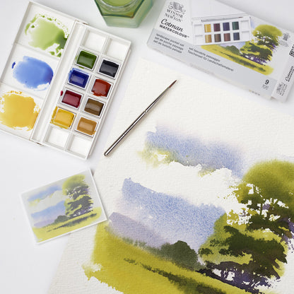 A lifestyle photo demonstrating the Cotman Watercolour Landscape Ppcket set in use, with an open palette showing the 8 half pan paints included in this set, alongside a landscape painting of a tree to show the type of work this palette has been curated for. 