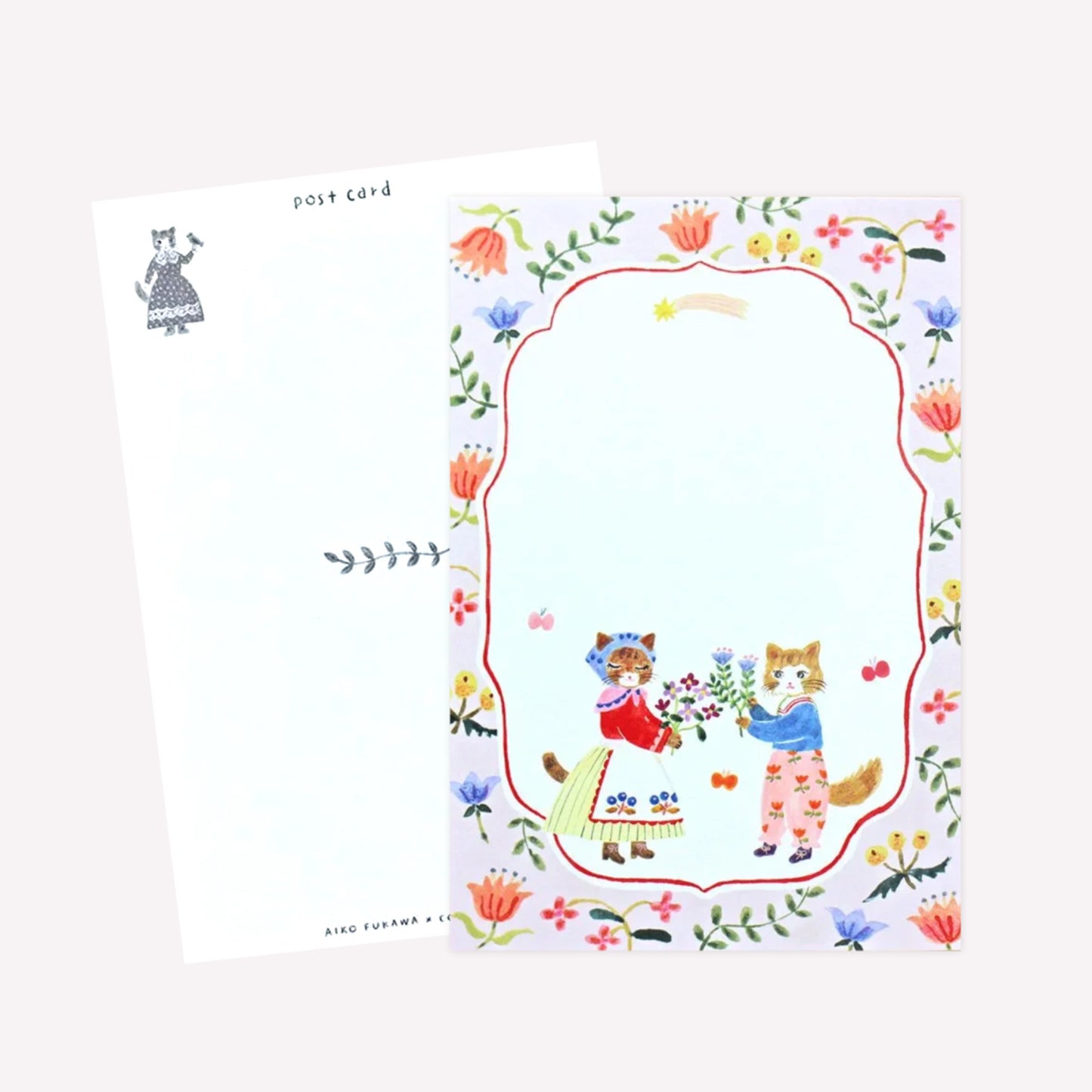 Cozyca Aiko Fukawa postcard design featuring two cats dressed in cute outfits holding bouquets of flowers within a floral border. The revers features a postcard design with space to write a message. 