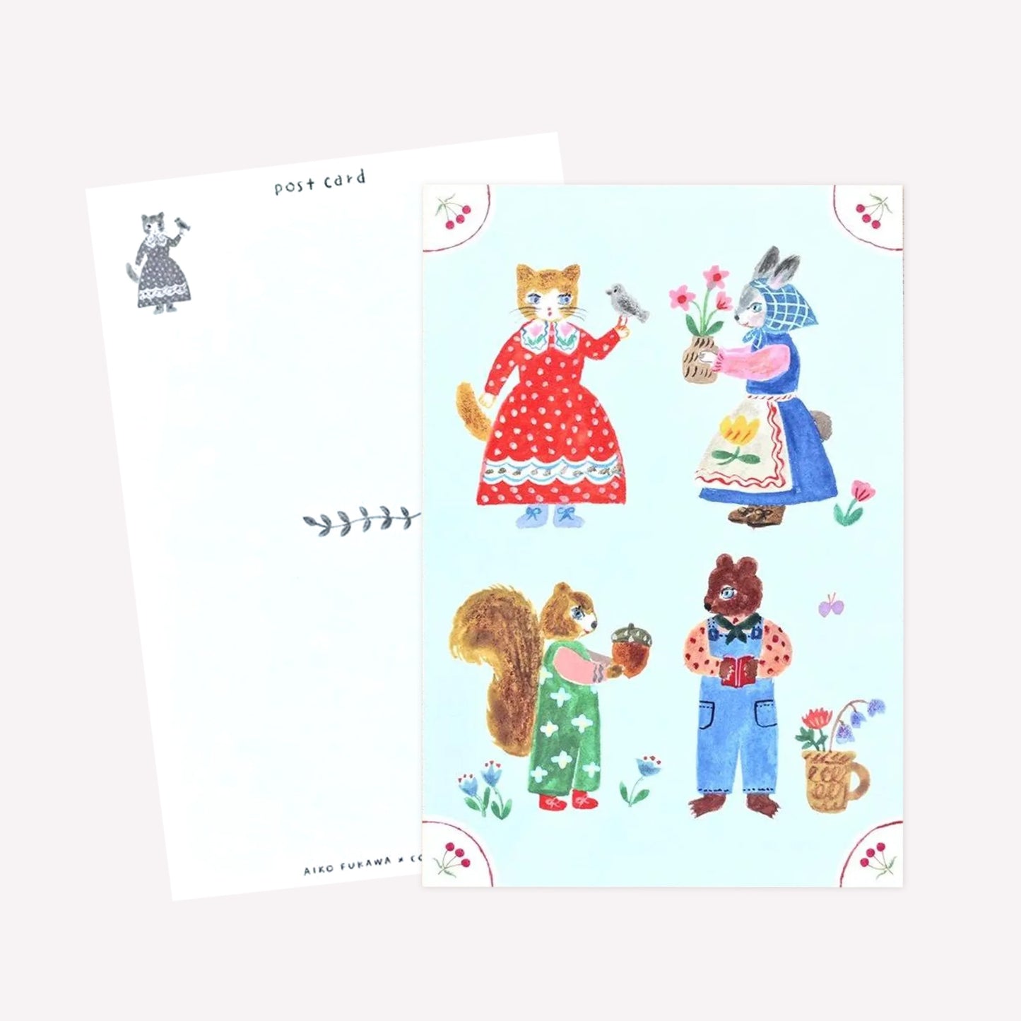 Cozyca Aiko Fukawa postcard design featuring four animals dressed in cute outfits holding bouquets of flowers. The revers features a postcard design with space to write a message. 