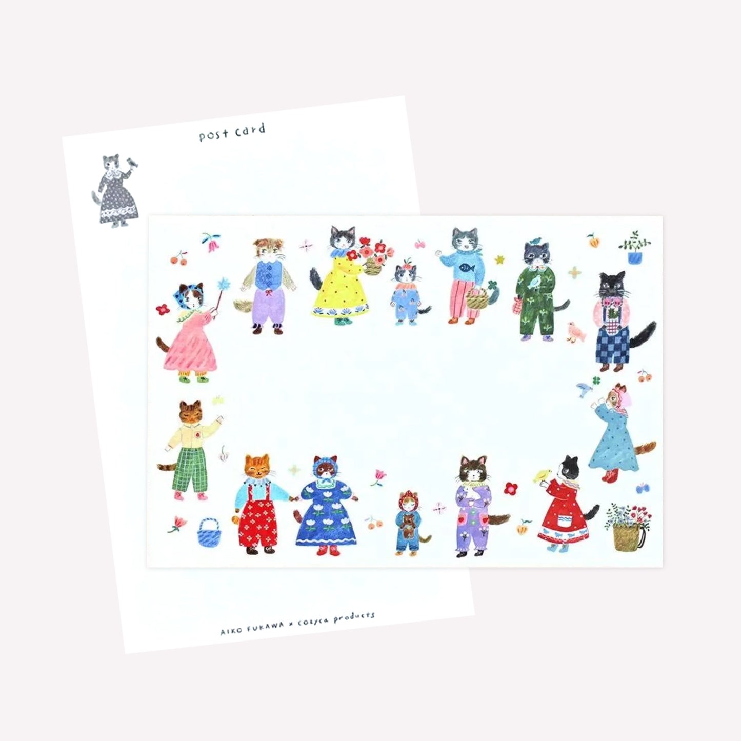 Cozyca Aiko Fukawa postcard design featuring a ring of animal characters dressed in cute outfits holding bouquets with floral details. The revers features a postcard design with space to write a message. 
