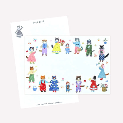 Cozyca Aiko Fukawa postcard design featuring a ring of animal characters dressed in cute outfits holding bouquets with floral details. The revers features a postcard design with space to write a message. 