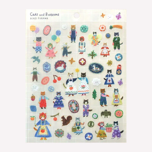 Cozyca aiko fukawa cats & buttons sticker sheet with 54 PET stickers of cat characters and small floral designs for scrapbooking and journalling. 