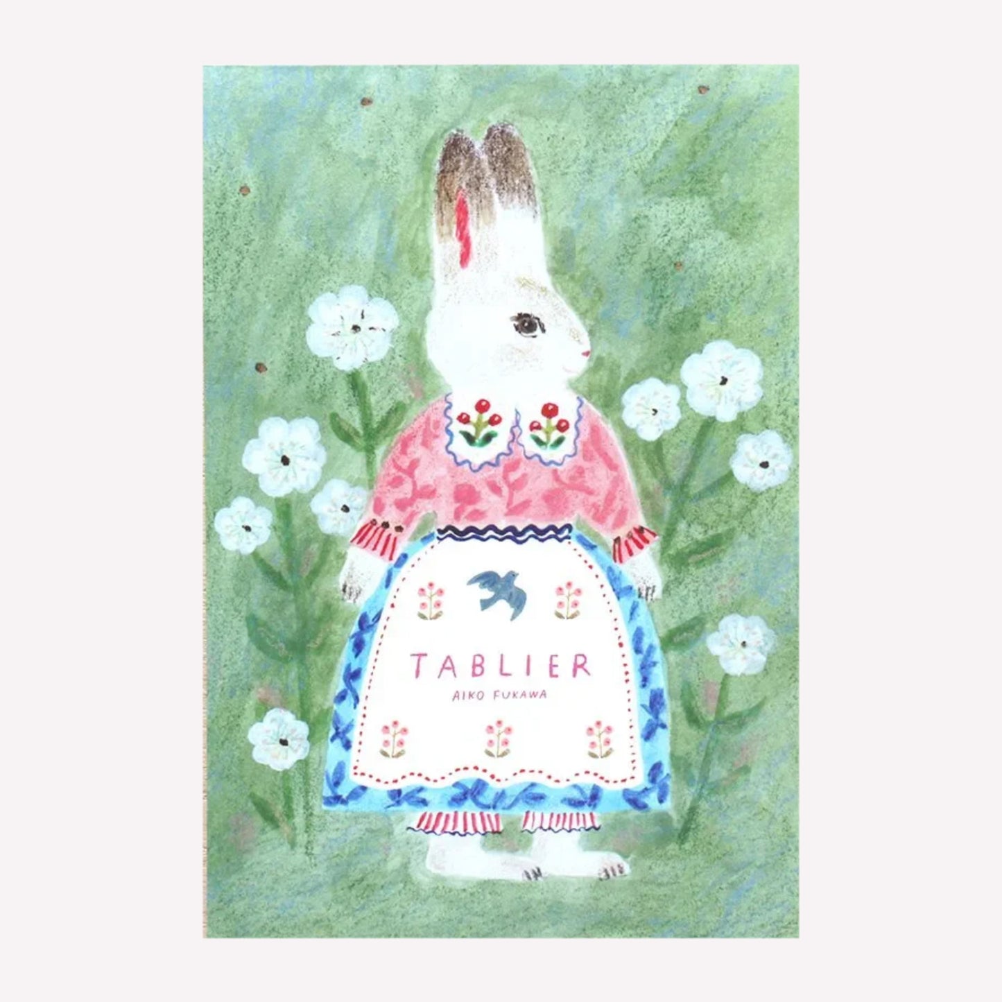 Front cover of the Cozyca Aiko Fukawa postcard pad set, featuring a bunny character design on green background surrounded by flowers. 