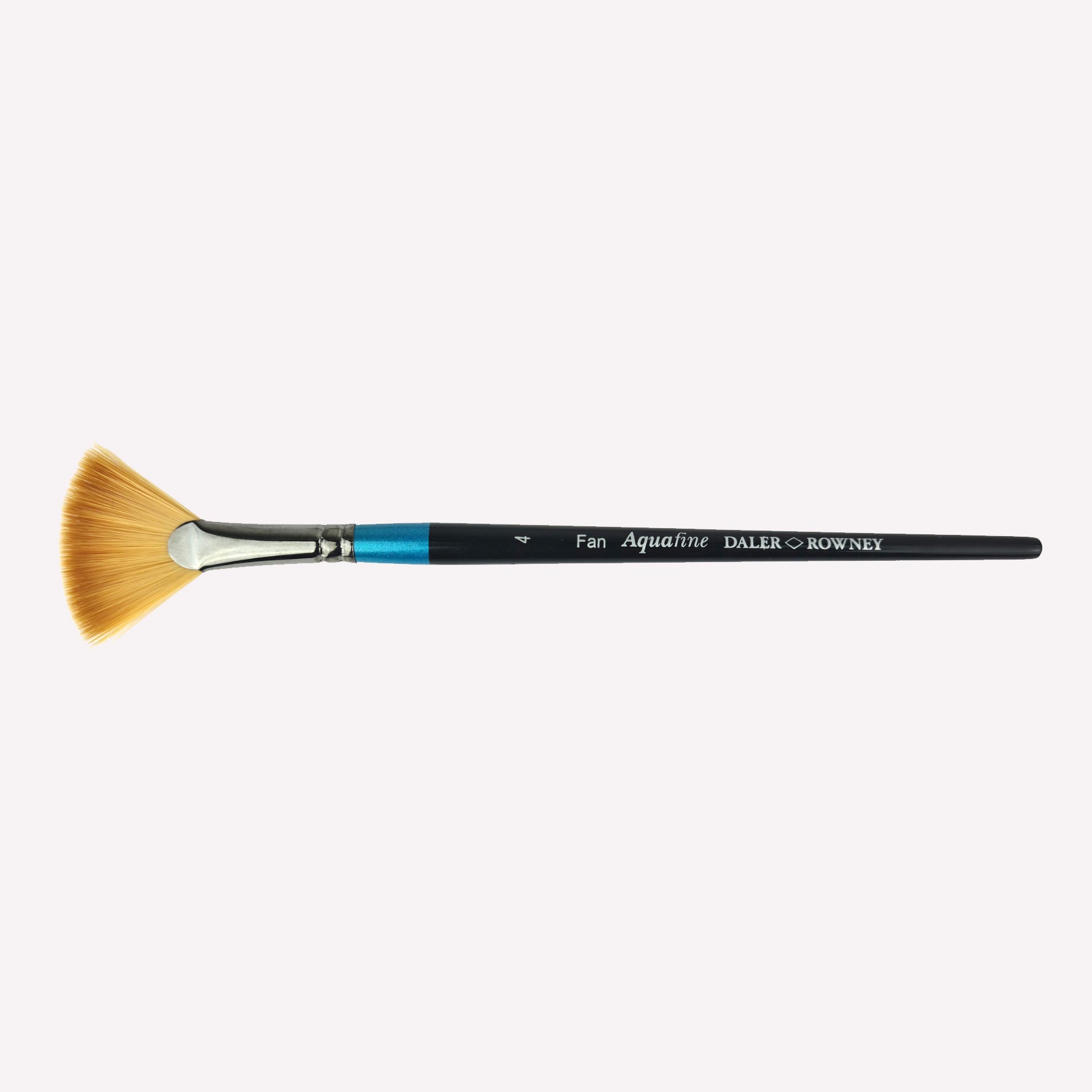 Daler Rowney Aquafine Fan Blender Paintbrush in size 4. These brushes feature a fan shaped arrangement of filaments, perfect for blending, softening edges and adding highlights or subtle textures. Brushes have a classy black handle with blue detailing and a silver ferrule.
