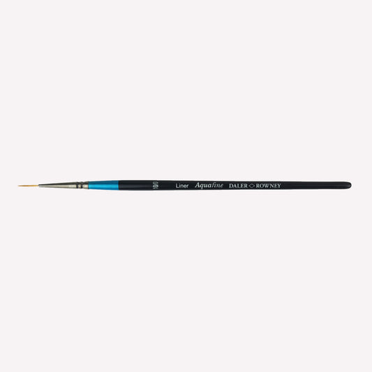 Daler Rowney Aquafine liner paintbrush in size 10/0. These brushes feature long, tapered filaments with a fine point for painting intricate details, and a classy black handle with blue detailing and a silver ferrule.