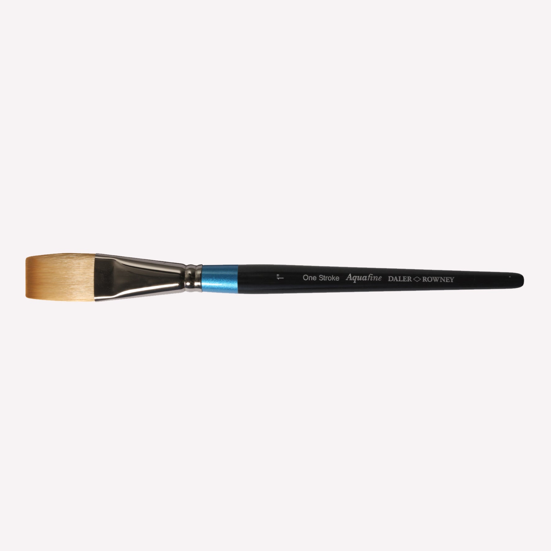 Daler Rowney Aquafine Short Flat Paintbrush in size 1”. This flat, square-shaped brush is ideal for layering colours or creating seamless gradient washes. Brushes have a classy black handle with blue detailing and a silver ferrule.