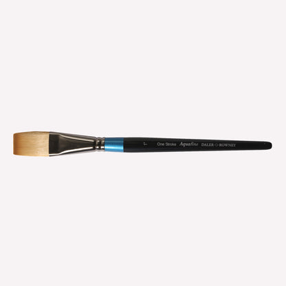 Daler Rowney Aquafine Short Flat Paintbrush in size 1”. This flat, square-shaped brush is ideal for layering colours or creating seamless gradient washes. Brushes have a classy black handle with blue detailing and a silver ferrule.