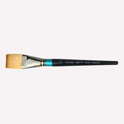 Daler Rowney Aquafine Short Flat Paintbrush in size 1 1/2”. This flat, square-shaped brush is ideal for layering colours or creating seamless gradient washes. Brushes have a classy black handle with blue detailing and a silver ferrule.