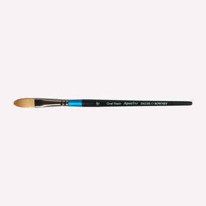 Daler Rowney Aquafine flat shader paintbrush in size 1/2”. The  filaments have a oval shape, perfect for washes of colour and creating smooth gradients. Brushes have a classy black handle with blue detailing and a silver ferrule.