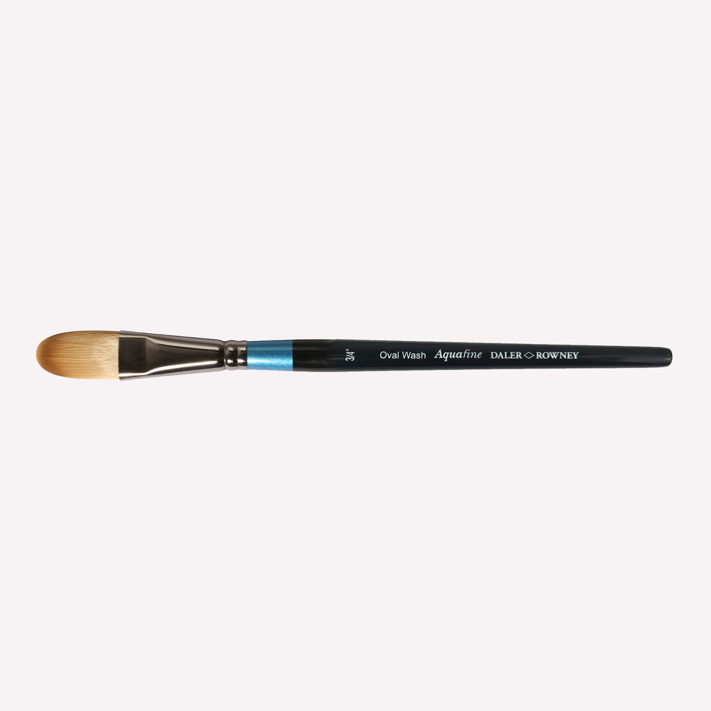 Daler Rowney Aquafine flat shader paintbrush in size 3/4”. The  filaments have a oval shape, perfect for washes of colour and creating smooth gradients. Brushes have a classy black handle with blue detailing and a silver ferrule.