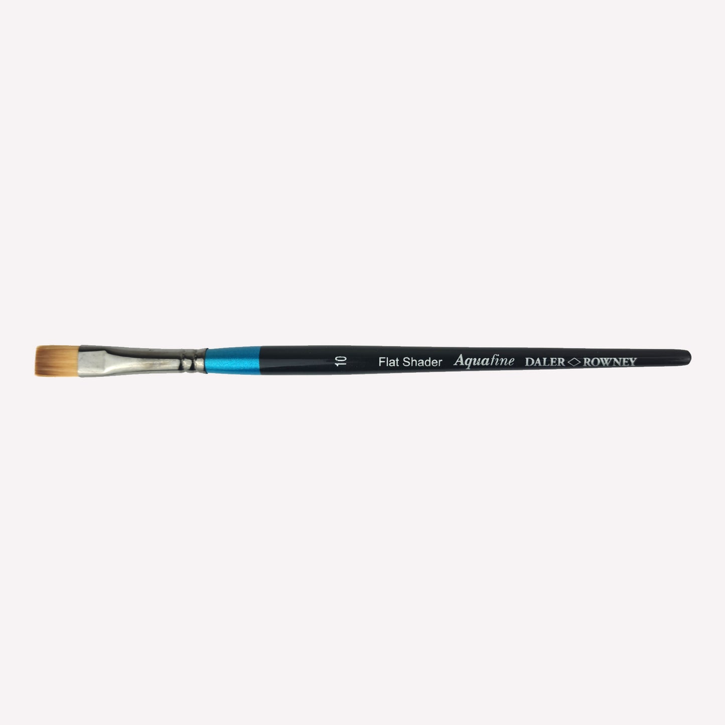 Daler Rowney Aquafine flat shader paintbrush in size 10. The  filaments have a flat, square shape, perfect for blending colour and blocking in shapes. Brushes have a classy black handle with blue detailing and a silver ferrule.