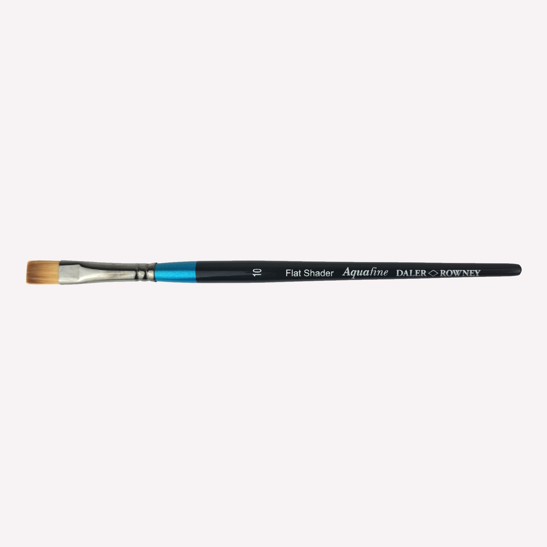 Daler Rowney Aquafine flat shader paintbrush in size 10. The  filaments have a flat, square shape, perfect for blending colour and blocking in shapes. Brushes have a classy black handle with blue detailing and a silver ferrule.