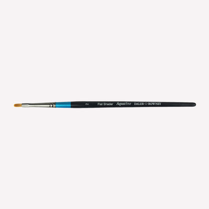 Daler Rowney Aquafine flat shader paintbrush in size 2 The  filaments have a flat, square shape, perfect for blending colour and blocking in shapes. Brushes have a classy black handle with blue detailing and a silver ferrule.