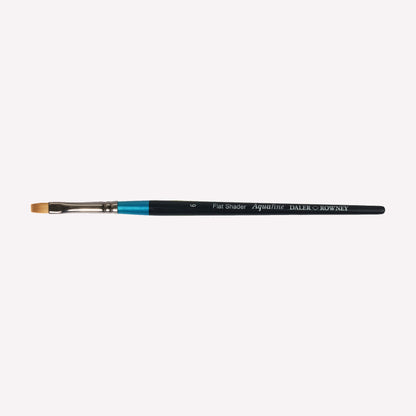 Daler Rowney Aquafine flat shader paintbrush in size 6 The  filaments have a flat, square shape, perfect for blending colour and blocking in shapes. Brushes have a classy black handle with blue detailing and a silver ferrule.