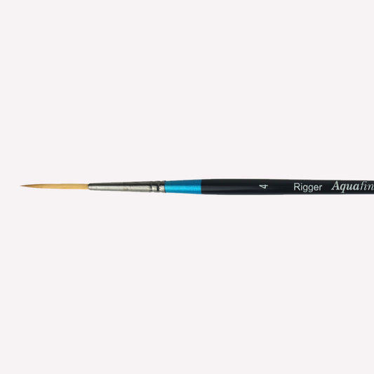 Daler Rowney Aquafine Rigger paintbrush series featuring brush sized 4. Brushes have a classy black handle with blue detailing and a silver ferrule.