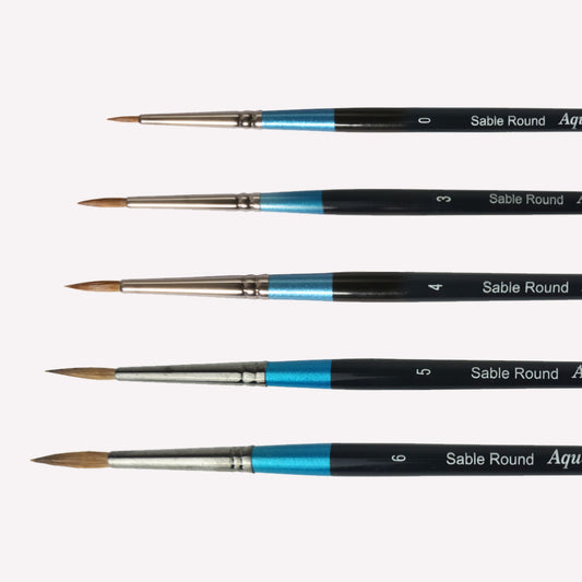 Daler Rowney Aquafine Sable round paintbrush series featuring brushes sized 0, 3, 4, 5 and 6. Brushes have a classy black handle with blue detailing and a silver ferrule. 