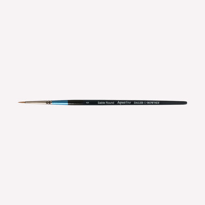 Daler Rowney Aquafine Sable round paintbrush in size 0 The natural filaments come to a fine point, perfect for detailed paintings. Brushes have a classy black handle with blue detailing and a silver ferrule. 